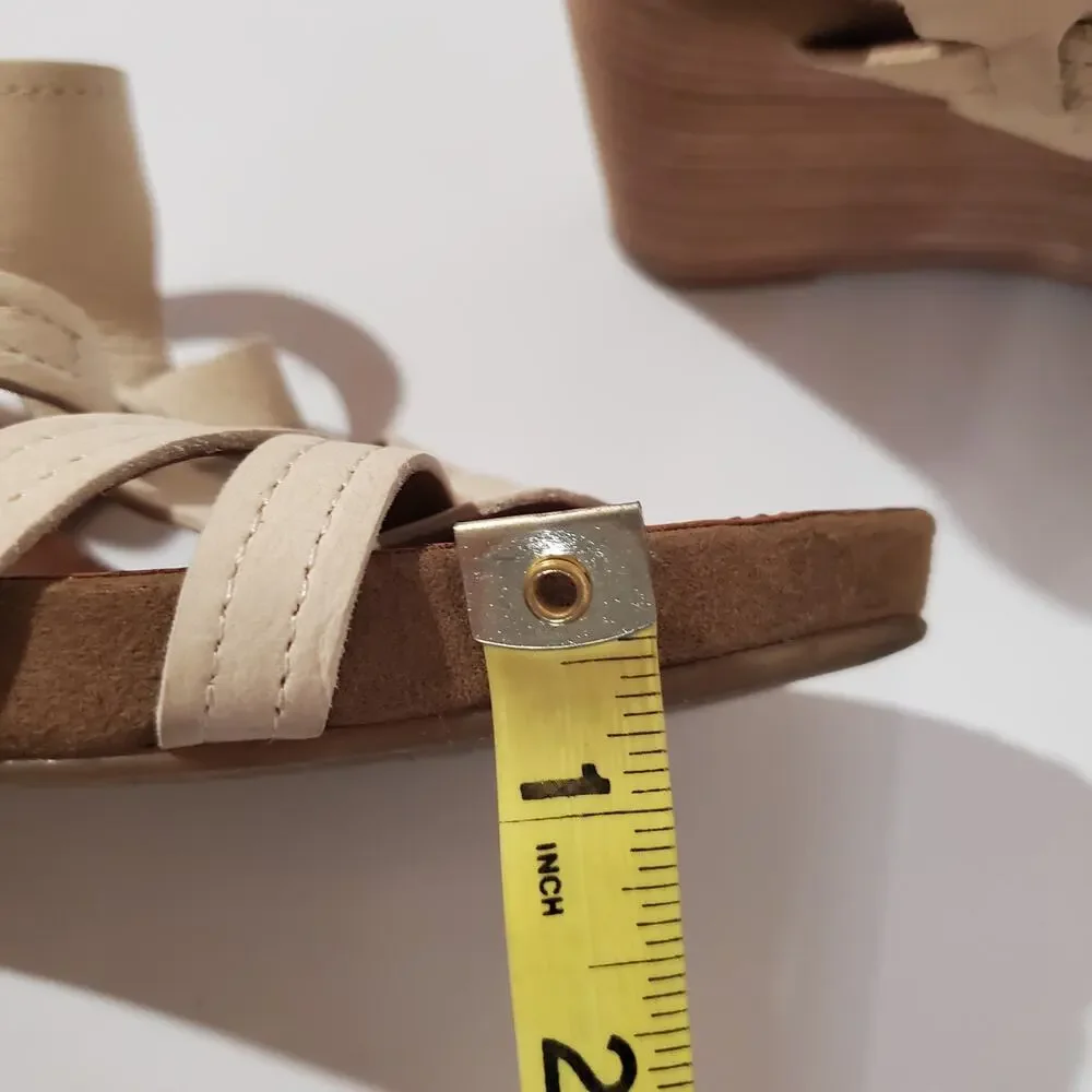 Franco Sarto Honduras Stacked Wedge Open Toe Leather Sandals Womens Size 9 Cream
